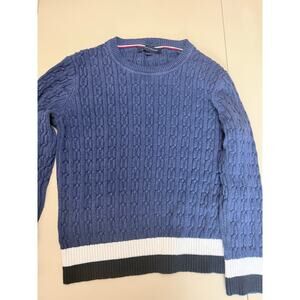 Tommy Hilfiger Women’s Large Blue Cable Knit Sweater 100% Cotton Crewneck